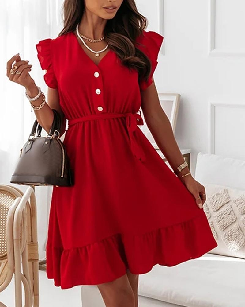 

Flutter Sleeve Ruffle Hem Belted Swing Dress, Red