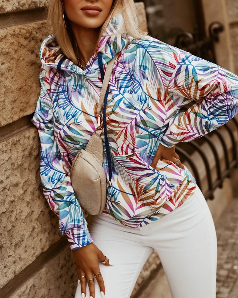 

Colorful Leaves Print Kangaroo Pocket Drop Shoulder Hoodie, Multicolor