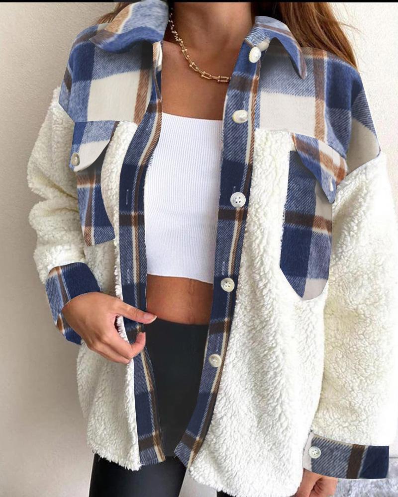 

Plaid Print Pocket Design Long Sleeve Shacket, Blue