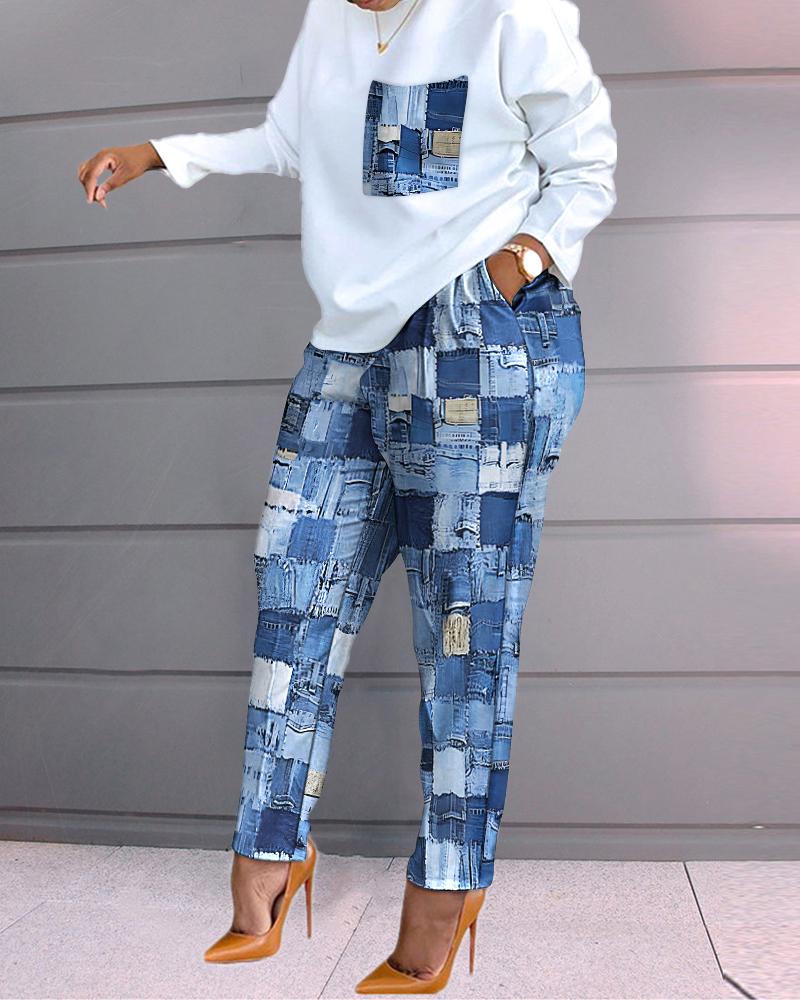 

Denim Look Print Long Sleeve Top & Pants Set, Blue