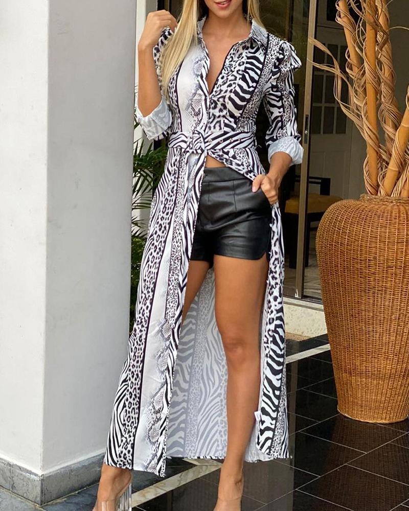 

Animal Print Button Design Maxi Shirt Dress With Belt, White