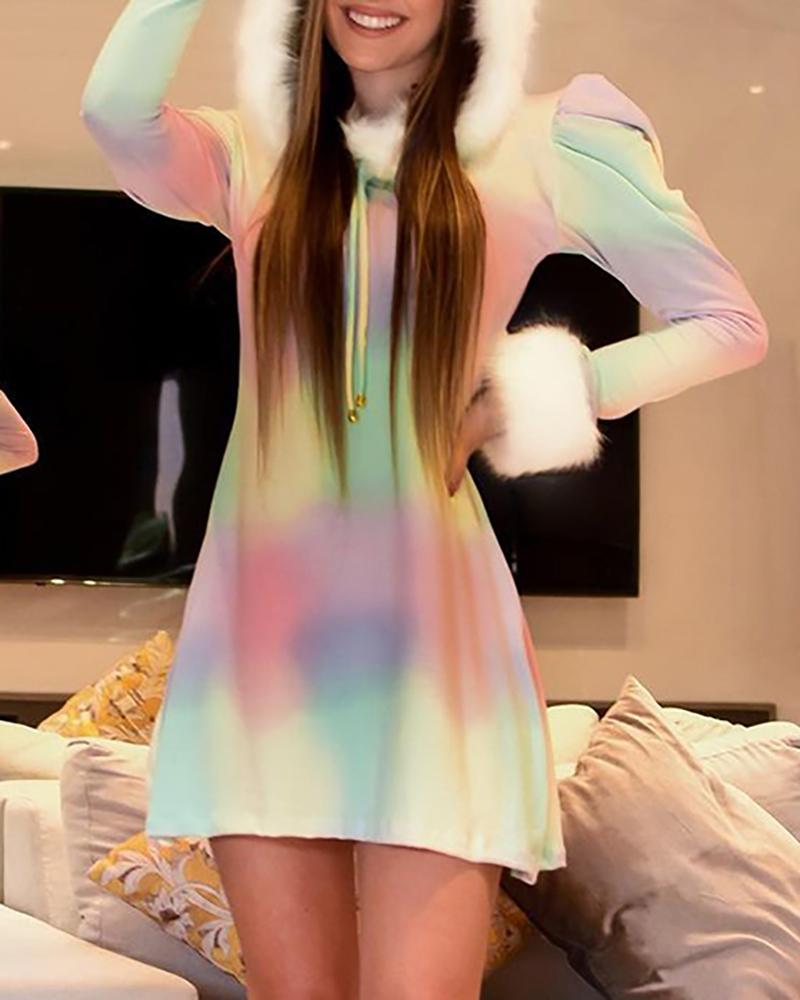 

Puff Sleeve Ombre Fluffy Patch Hooded Dress, Multicolor