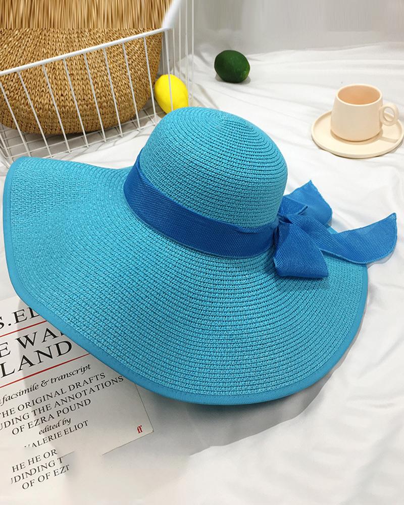 

Tied Detail Wide Brim Beach Straw Sun Hat, Sky blue