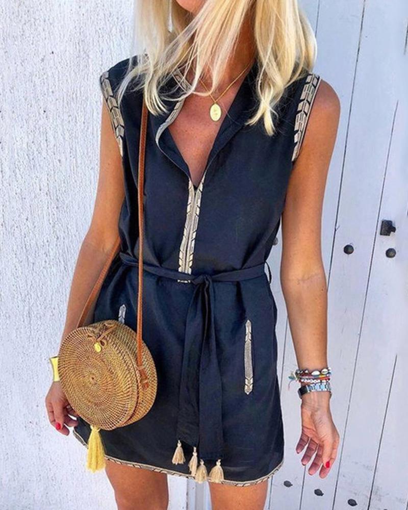 

Tassel Design Plunge Colorblock Sleeveless Dress, Dark blue