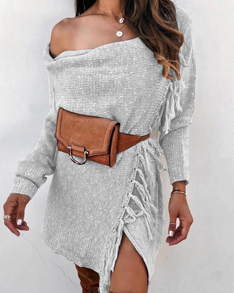 

Solid One Shoulder Tassel Design Sweater Coat, Gray