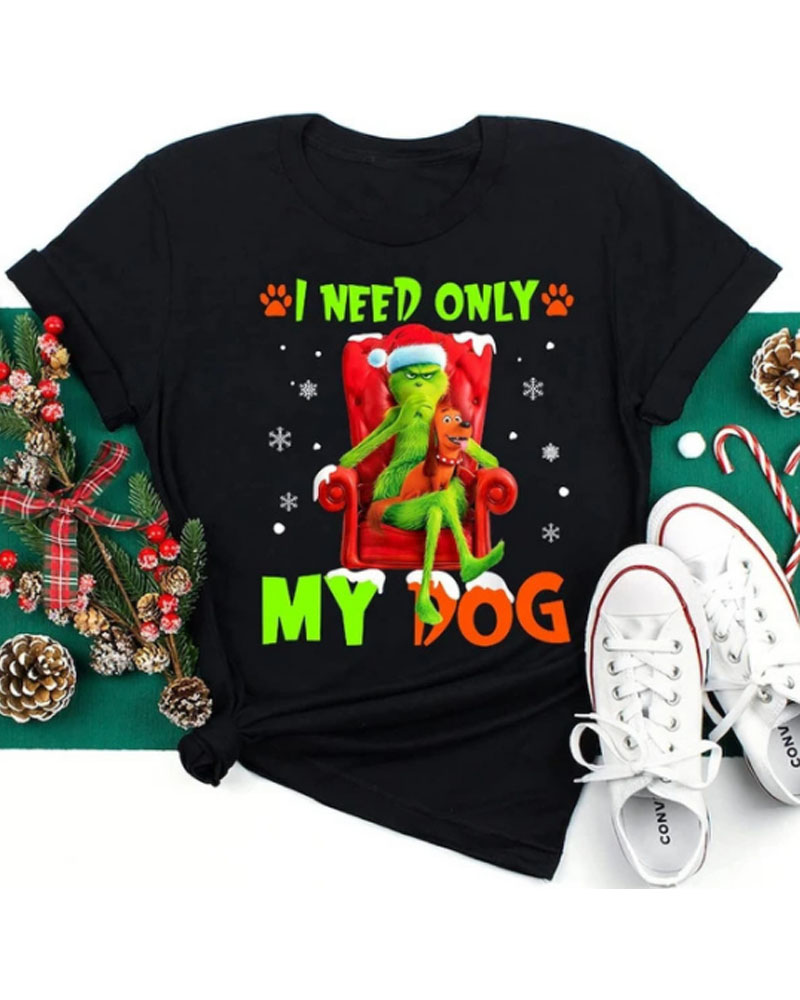 

Christmas Grinch Cartoon Dog Letter Print T-shirt, Black