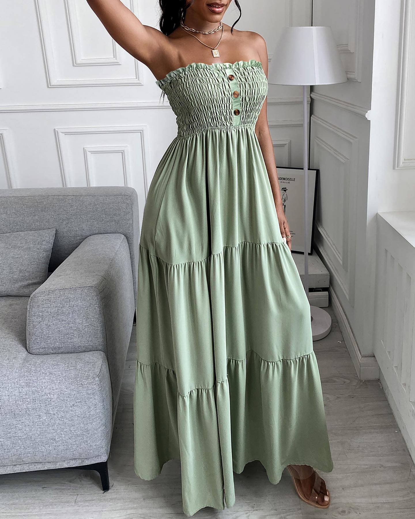 

Shirred Bandeau Maxi Smock Dress, Green