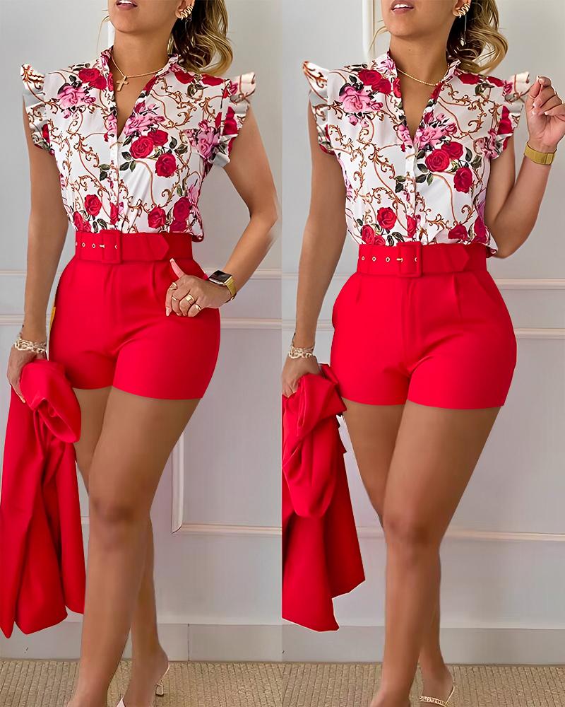 

Floral Baroque Print Flutter Sleeve Top & Shorts Set, Red