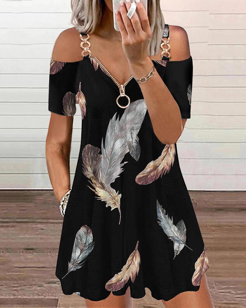 

Feather Print Cold Shoulder Pocket Design Casual Dress, Black