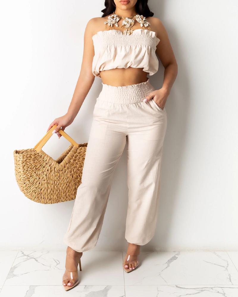 

Multi-way Wear Shirred Crop Top & High Waist Pants Set, Apricot