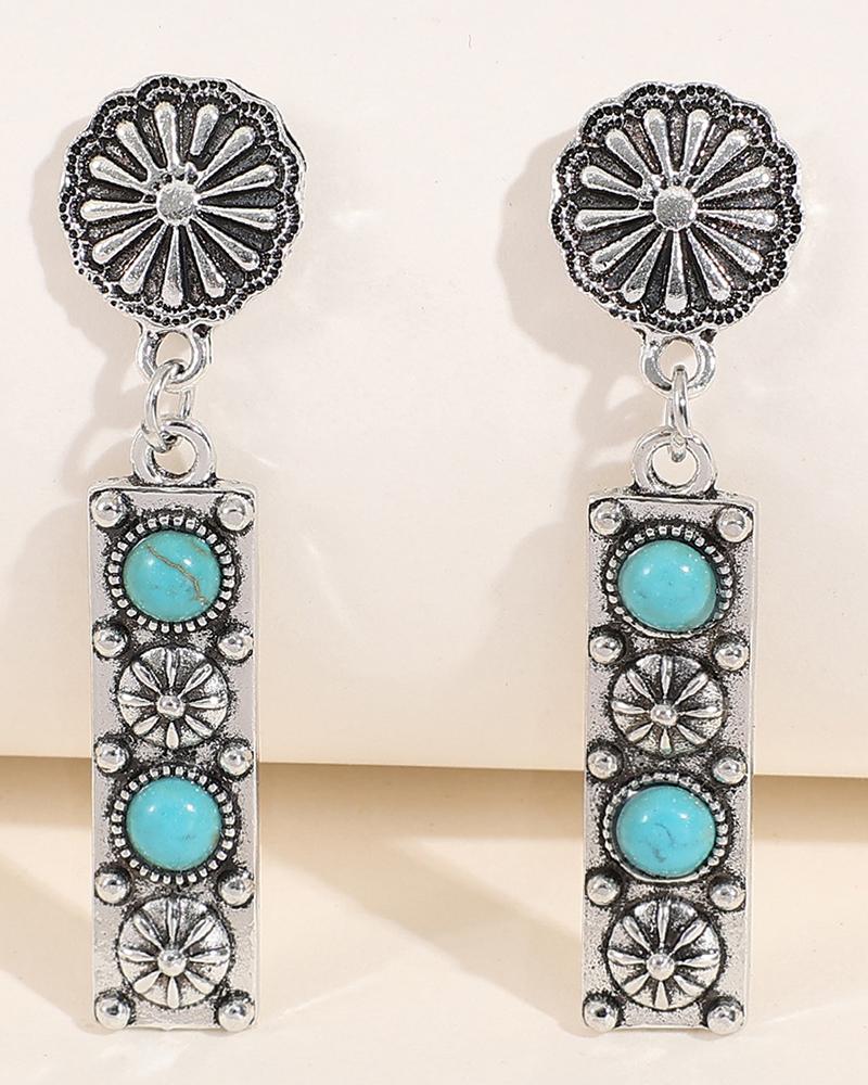 

1Pair Bohemian Vintage Geometric Floral Turquoise Drop Earrings, Silver