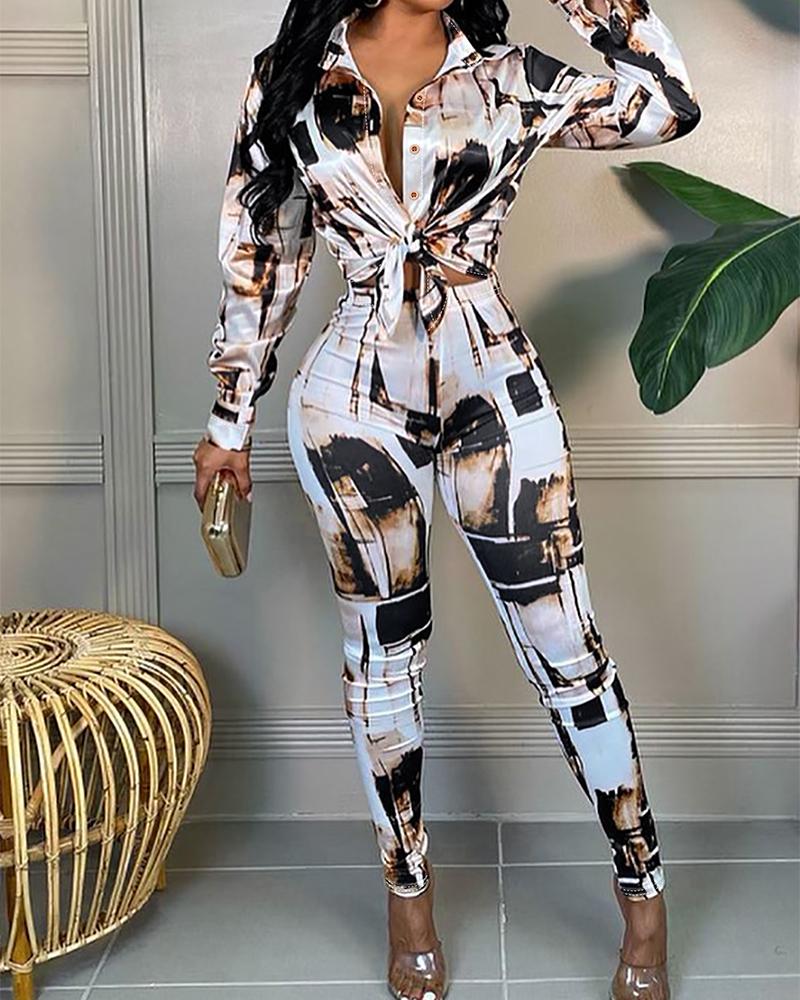 

Long Sleeve Abstract Print Crop Top & Skinny Pants Set, White