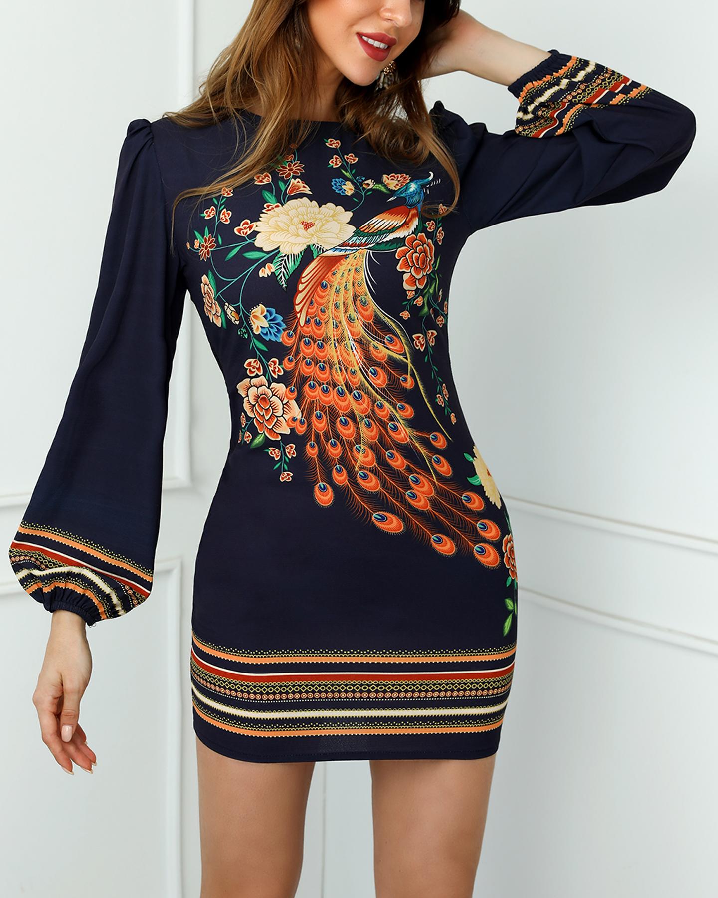 

Peacock Print Cutout Back Bishop Sleeve Dress, Multicolor