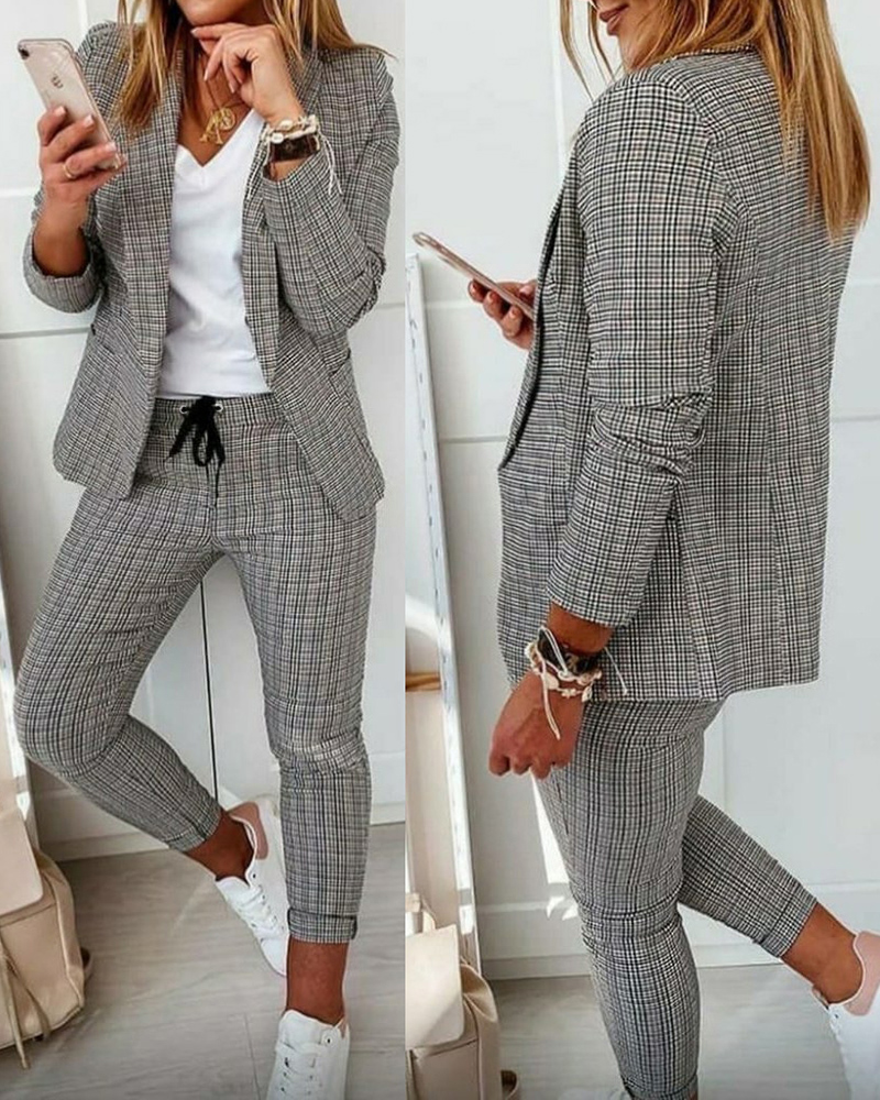 

2 Piece Blazer Notched Collar Plaid Print Coat Drawstring Pants Set with Pockets Casual Suits, Light gray