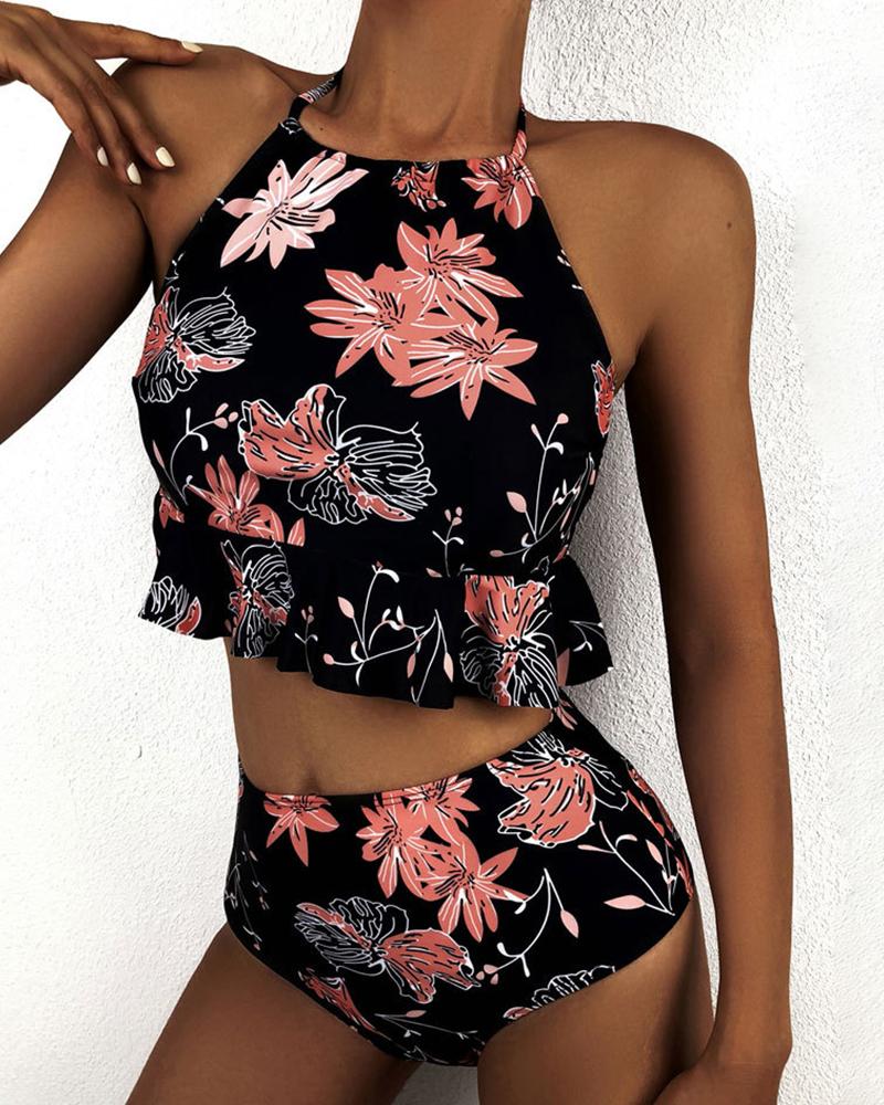 

Floral Print Halter Ruffle Hem Backless Tankini Set, Black