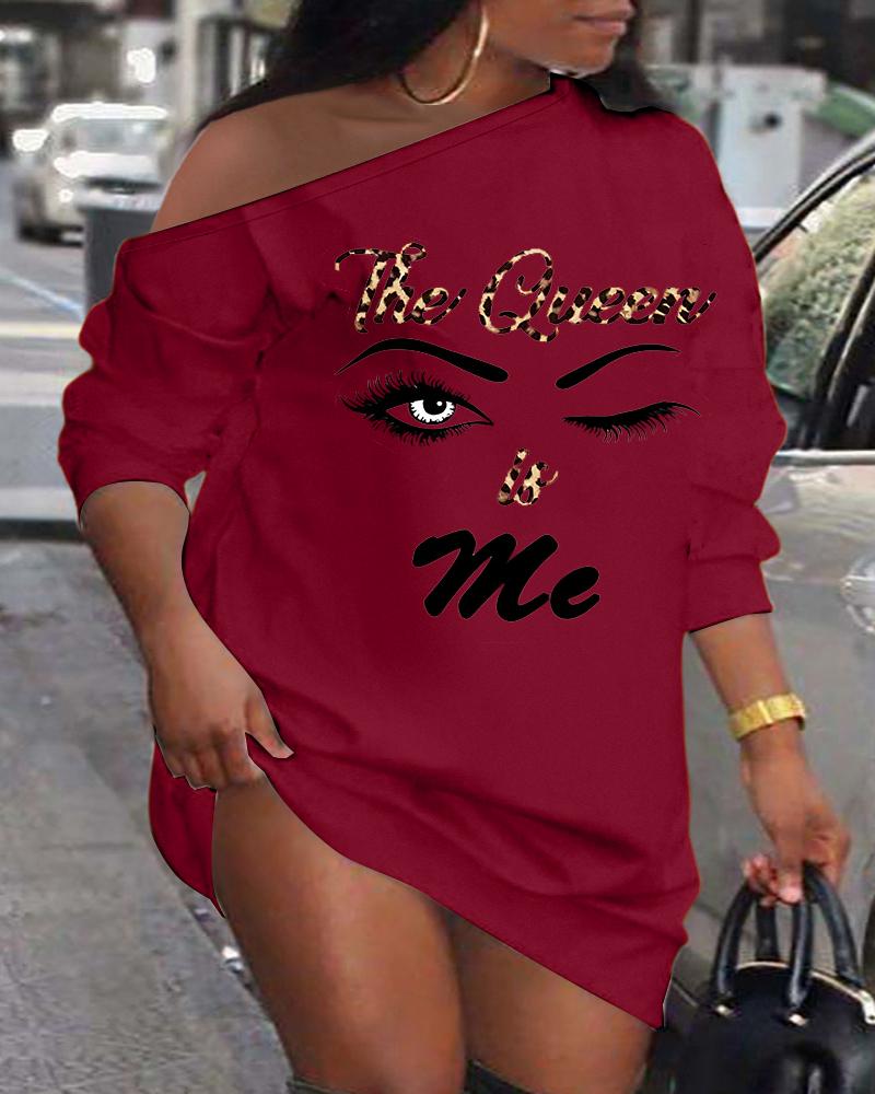

Plus Size The Queen Is Me Figure Print Casual Dress, Wine red