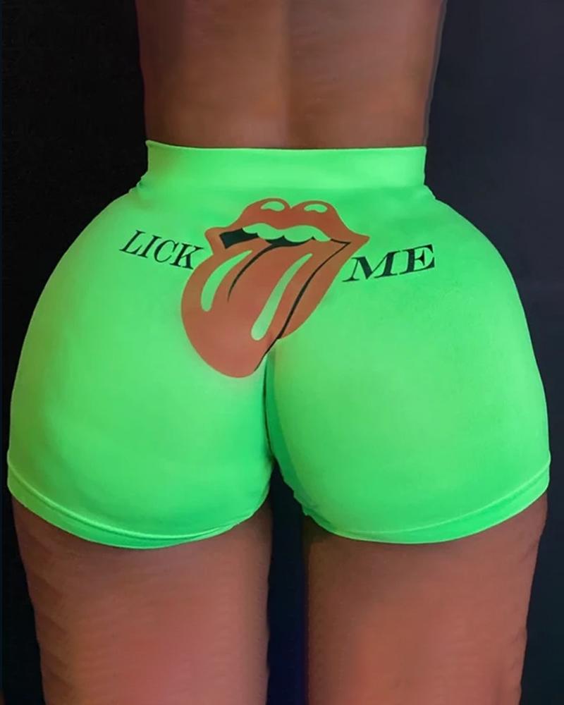 

Lip Letter Print High Waist Casual Shorts, Green