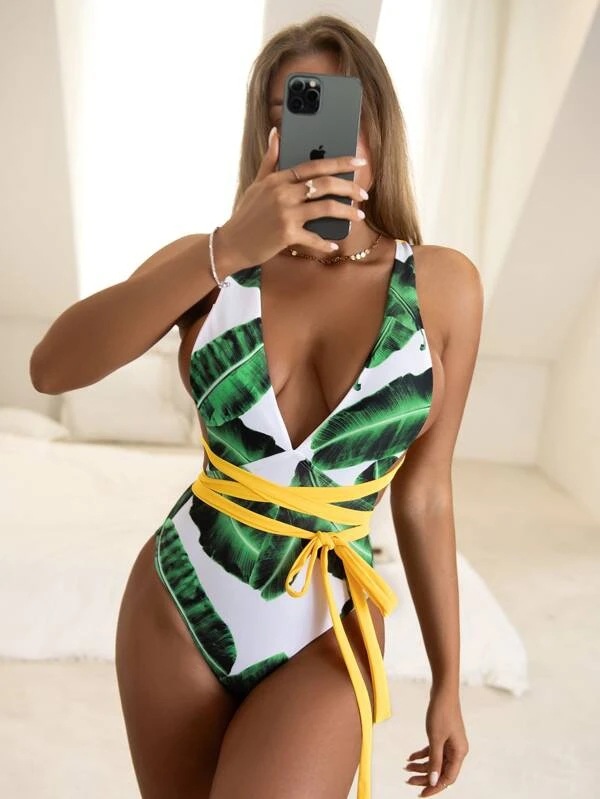 

Tropical Print Tied Detail One Piece Swimsuit, White