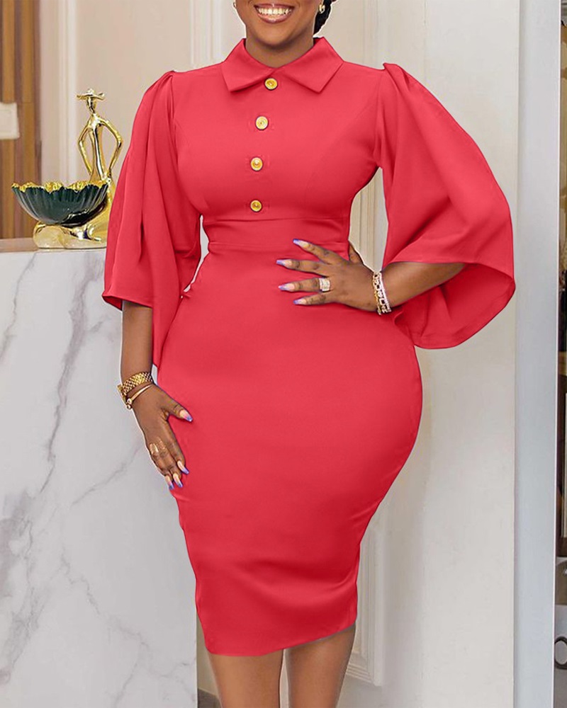 

Bell Sleeve Buttoned Work Dress, Red
