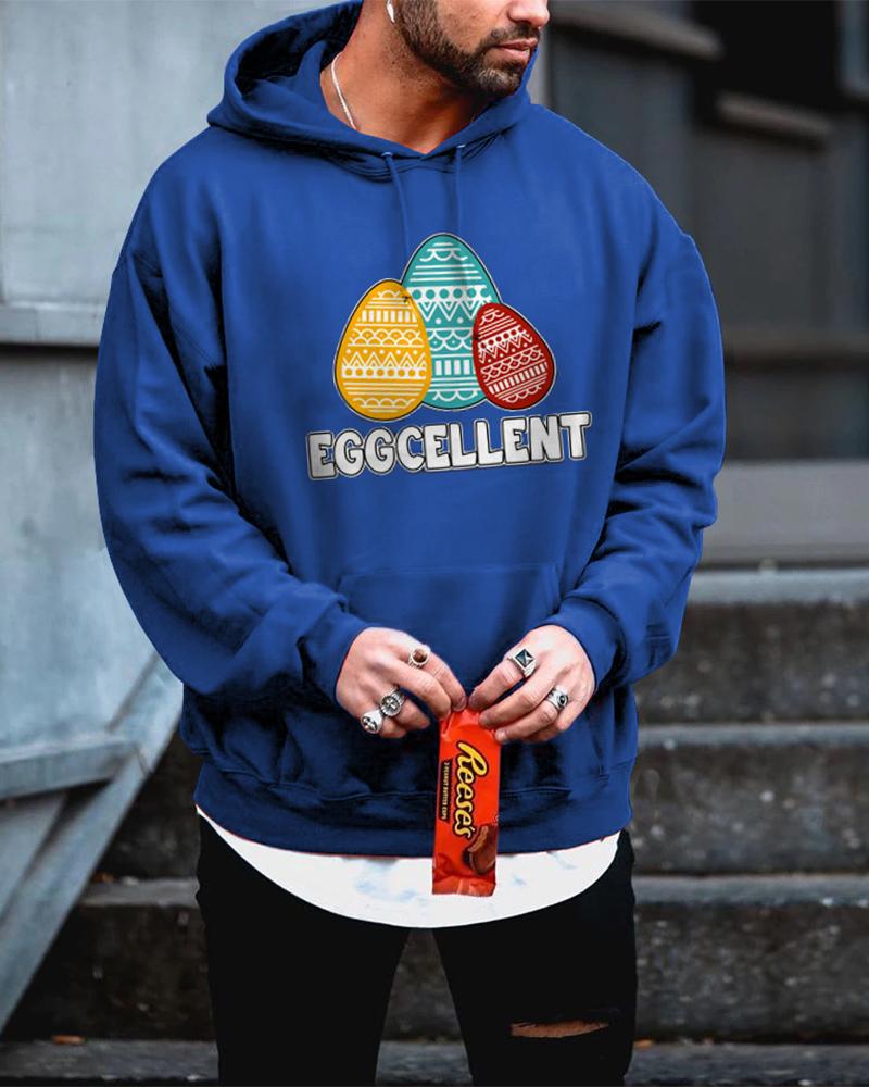 

Easter Day Multicolor Egg Print Long Sleeve Hooded Sweatshirt, Blue