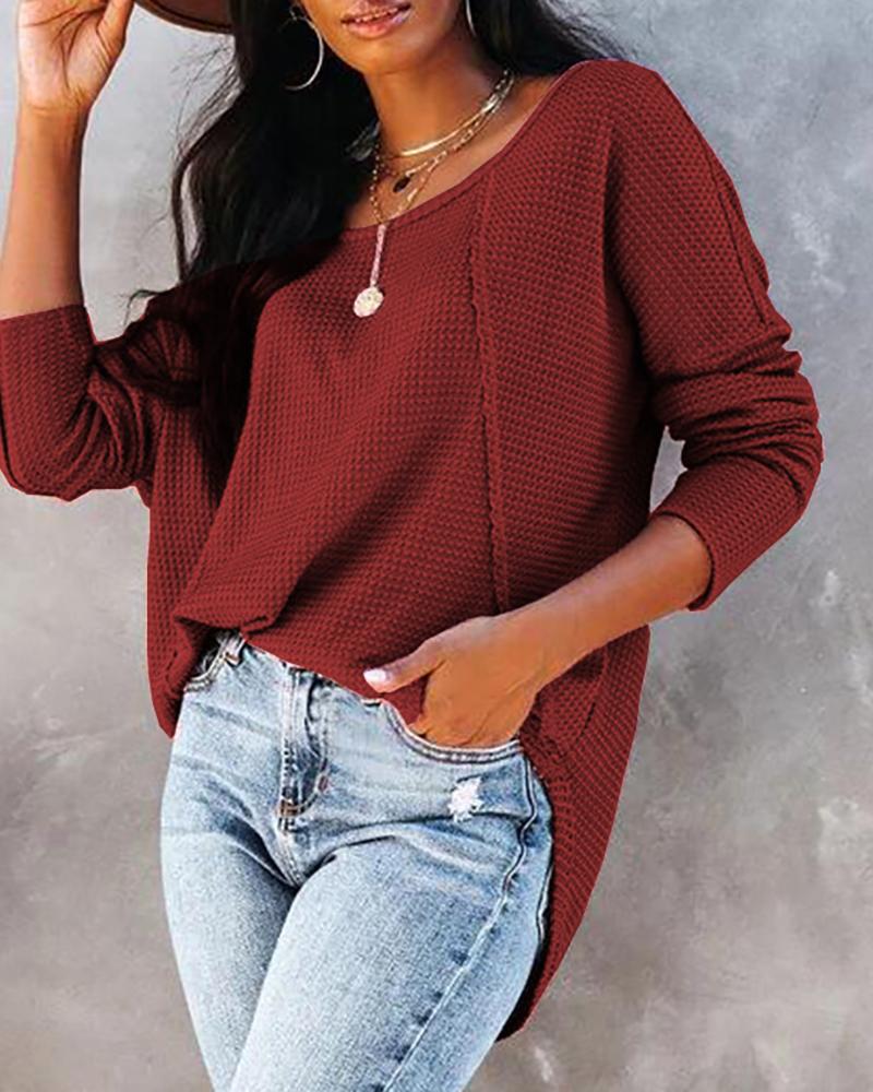 

Button Decor Knit Long Sleeve O-neck Top, Wine red