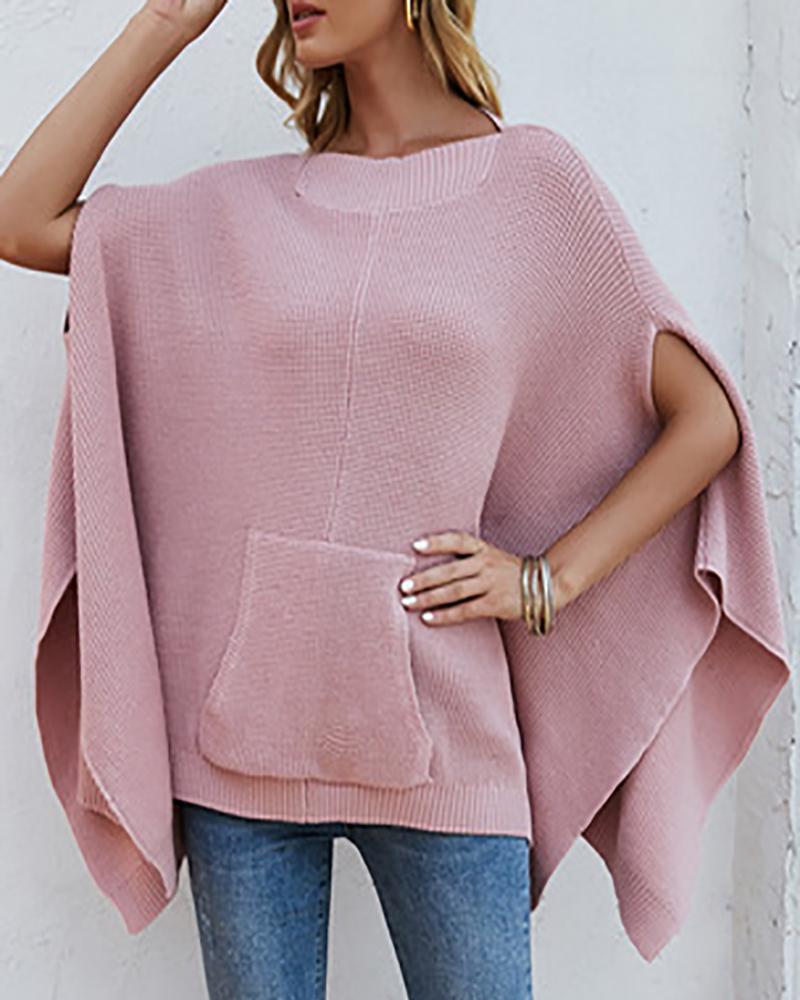 

Slit Cap Sleeve O Neck Pocket Design Knit Sweater, Pink