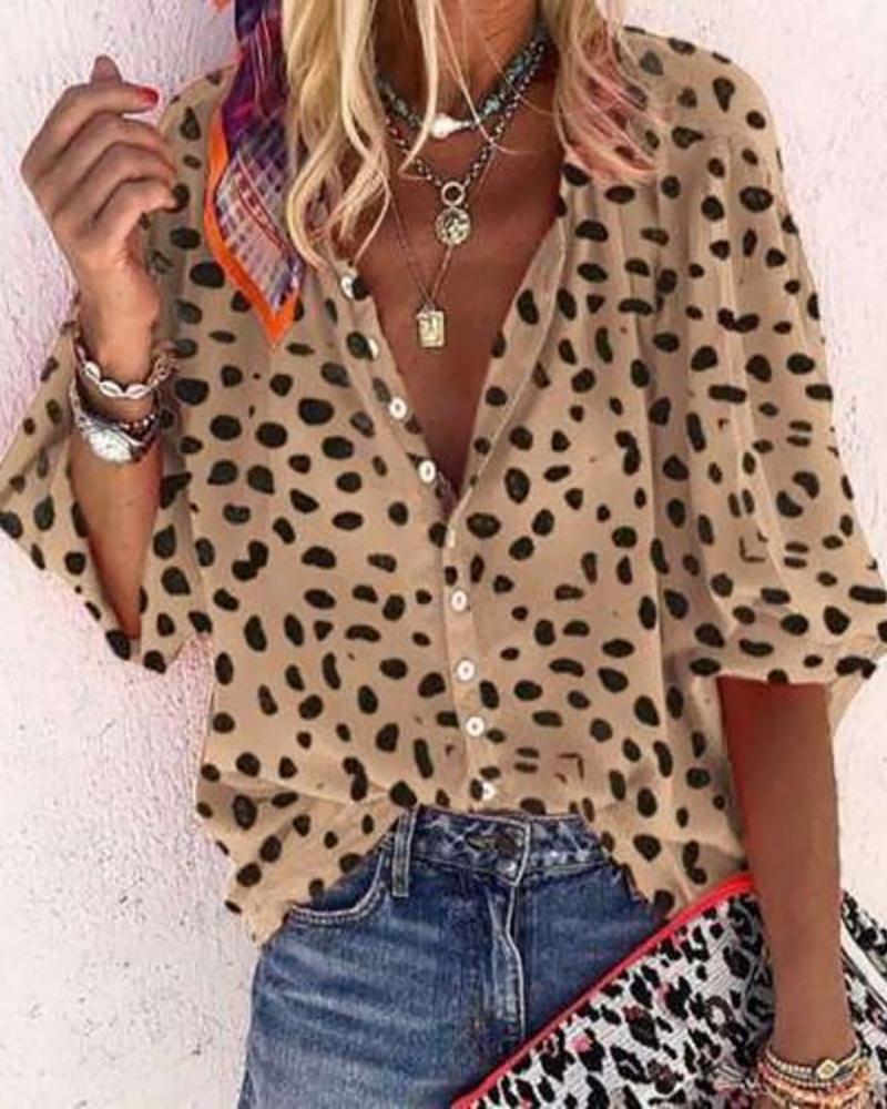 

V Neck All Over Print Button Design Top, Khaki