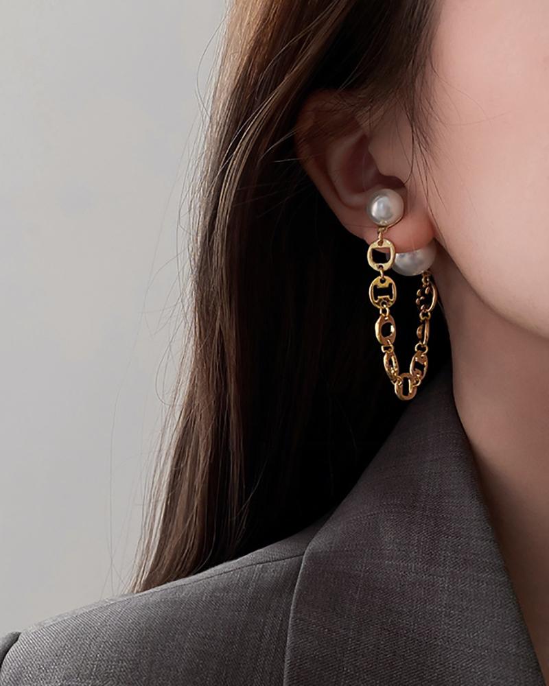

1Pair Double Faux Pearl Chain Decor Earrings, Gold