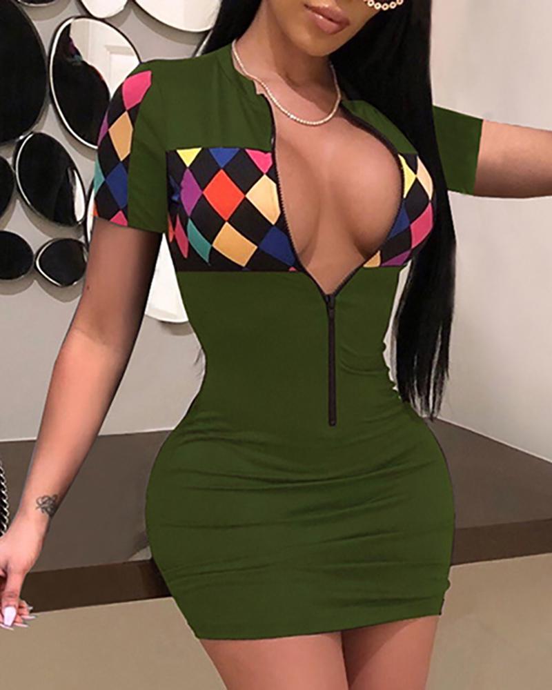 

Colorful Print Zipper Mini Dress, Army green