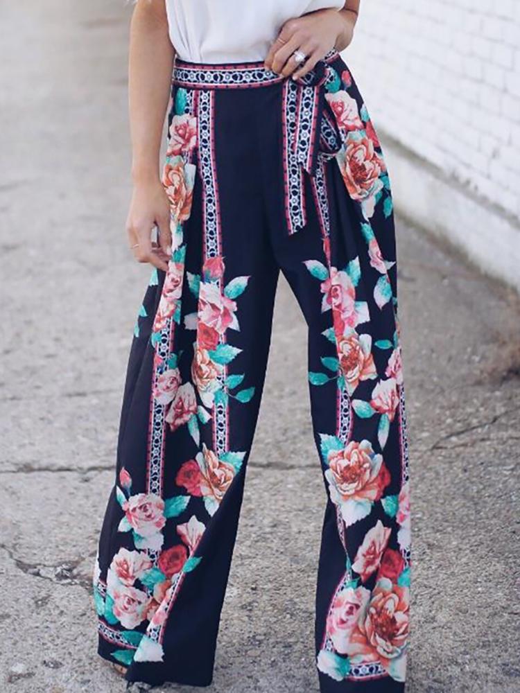 

Boho Style Print Wide Leg Belted Pants, Black