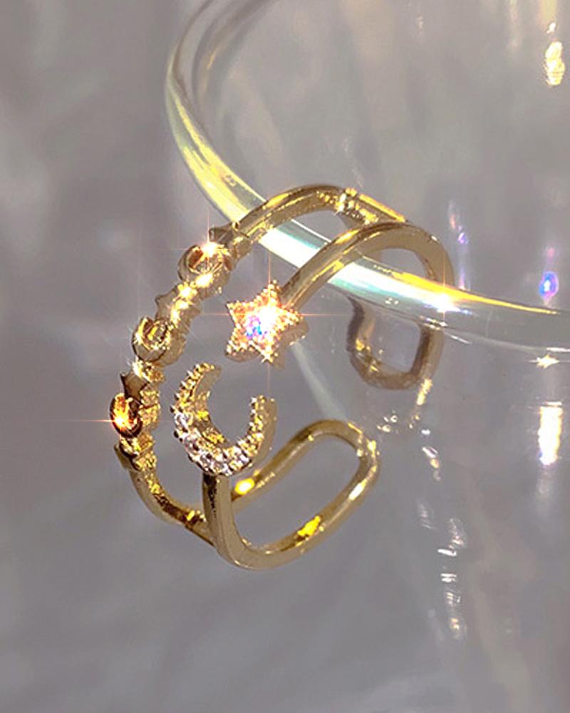 

1pc Rhinestone Star & Moon Decor Cuff Ring, Gold
