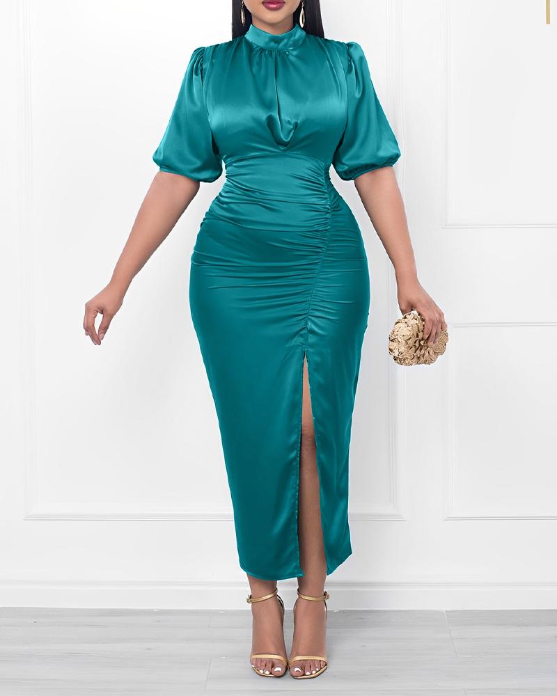 

Puff Sleeve Ruched High Slit Party Dress, Green