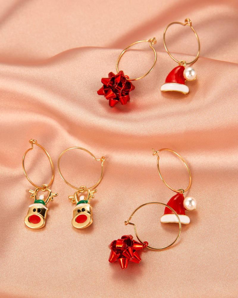 

3Pairs Christmas Moose Hat Geometry Pattern Drop Earrings, Red