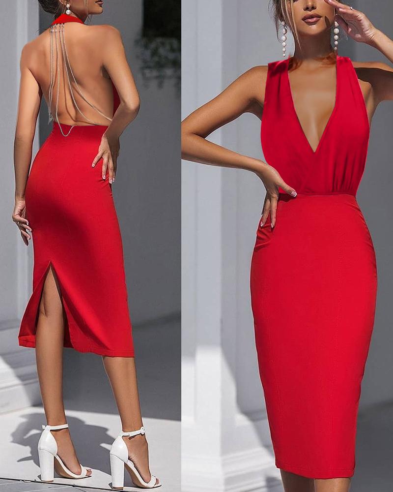 

Solid V-Neck Open Back Split Bodycon Dress, Red