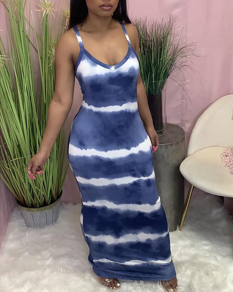 

Tie Dye Print V-Neck Thin Strap Maxi Dress, Blue