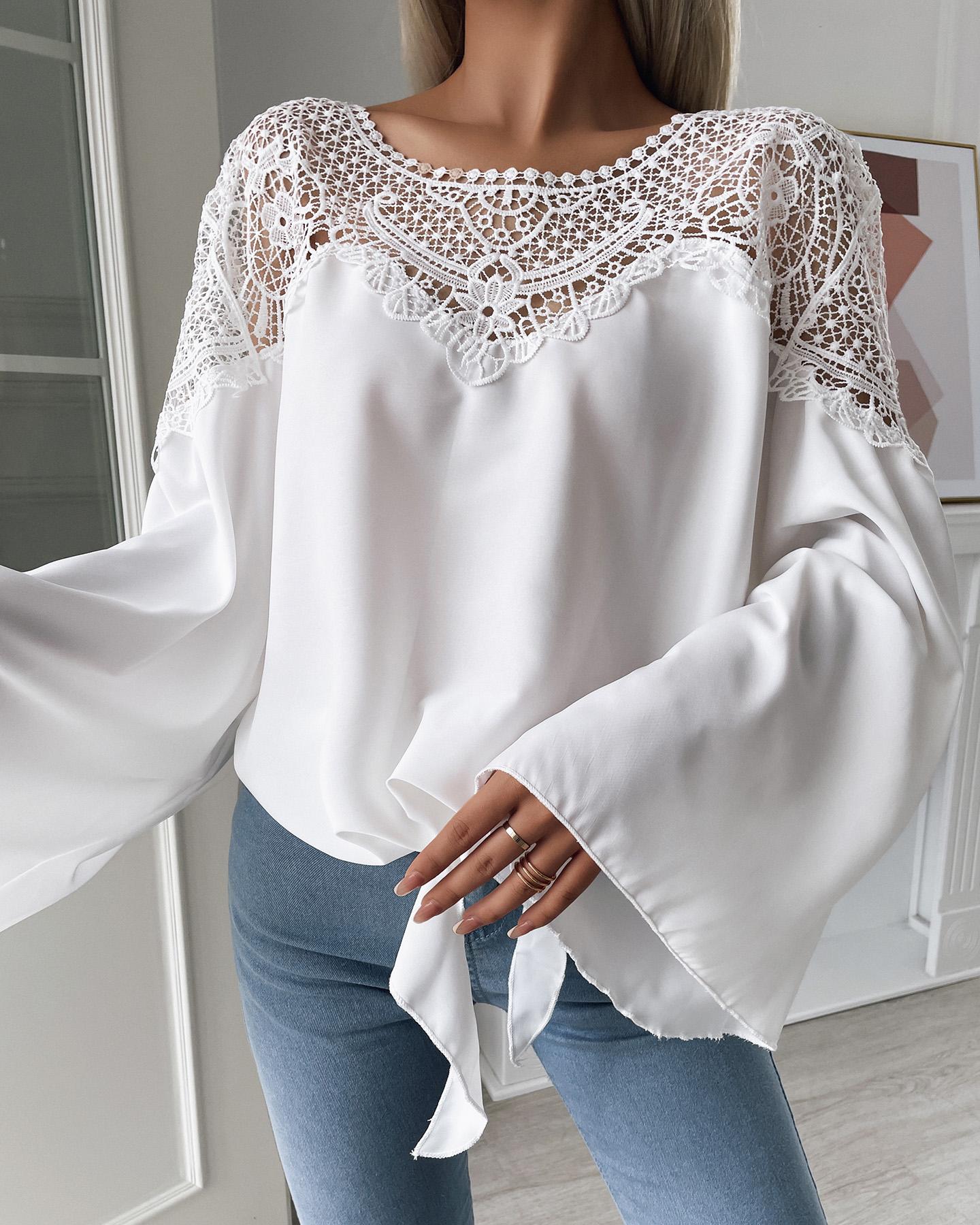 

Solid Color Contrast Lace Blouse, White