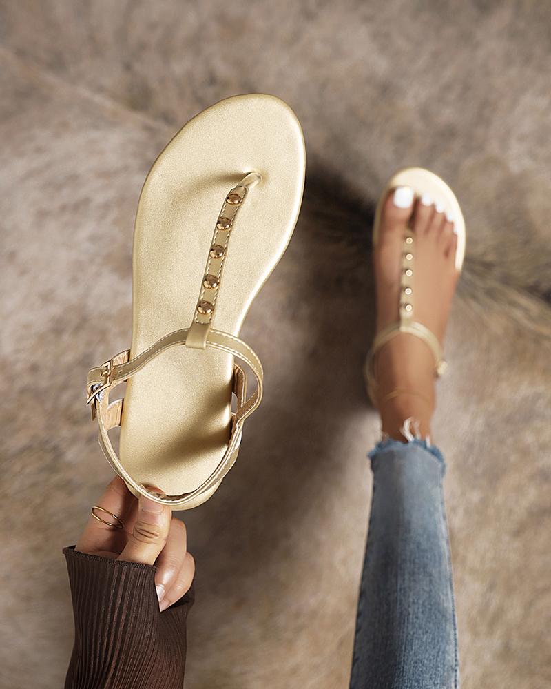 

Round-toe Solid Color T-band Toe Post Flat Sandals, Apricot