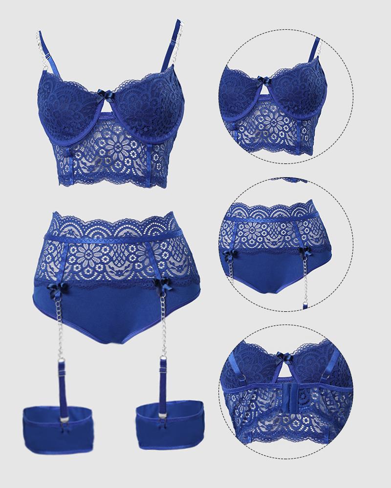 

Bow Chain Decor Lace Garter Lingerie Set, Blue