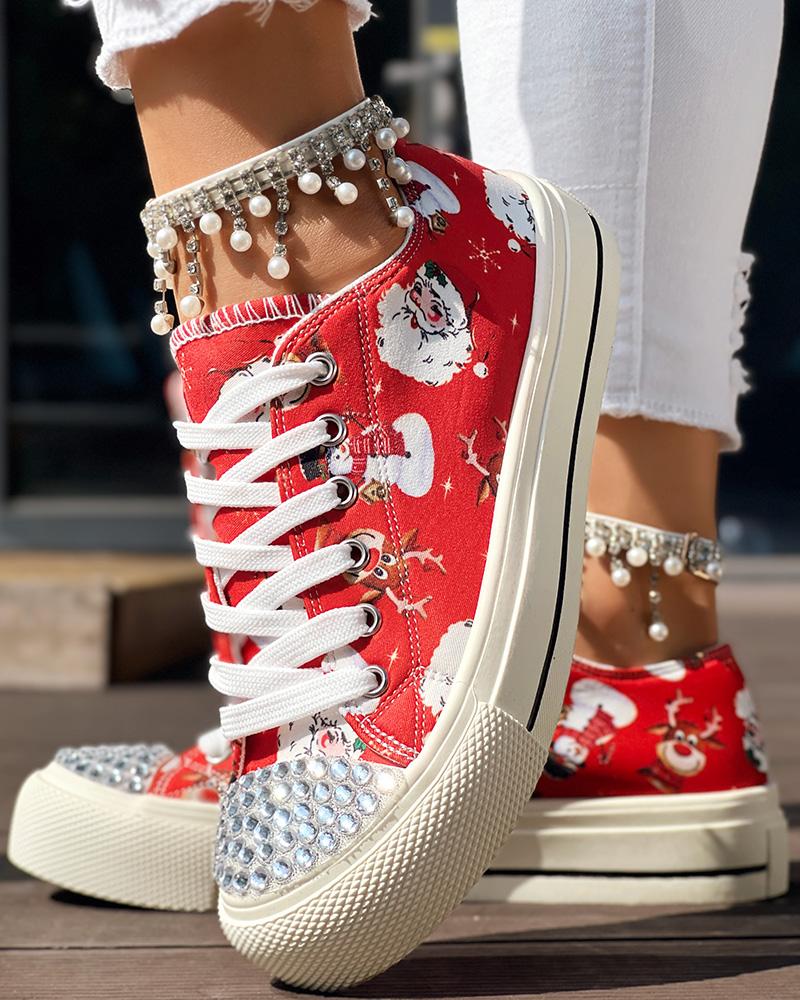 

Zapatillas de lona cómodas con cordones y punta redonda con diamantes de Navidad, Red