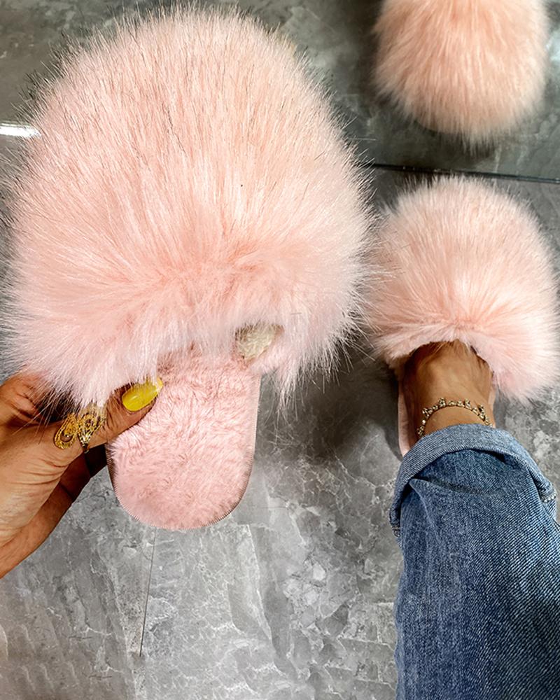 

Fluffy Faux Rabbit Fur Round Toe Slippers, Pink