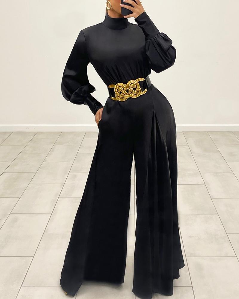 

Plain Lantern Sleeve Pocket Design Wide Leg Jumpsuit Long Sleeve Casual Jumpsuit, Black