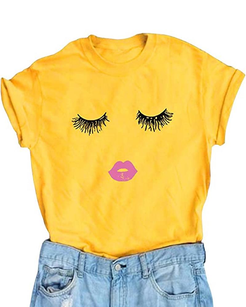 

Lip Eye Print Short Sleeve Casual T-Shirt, Yellow