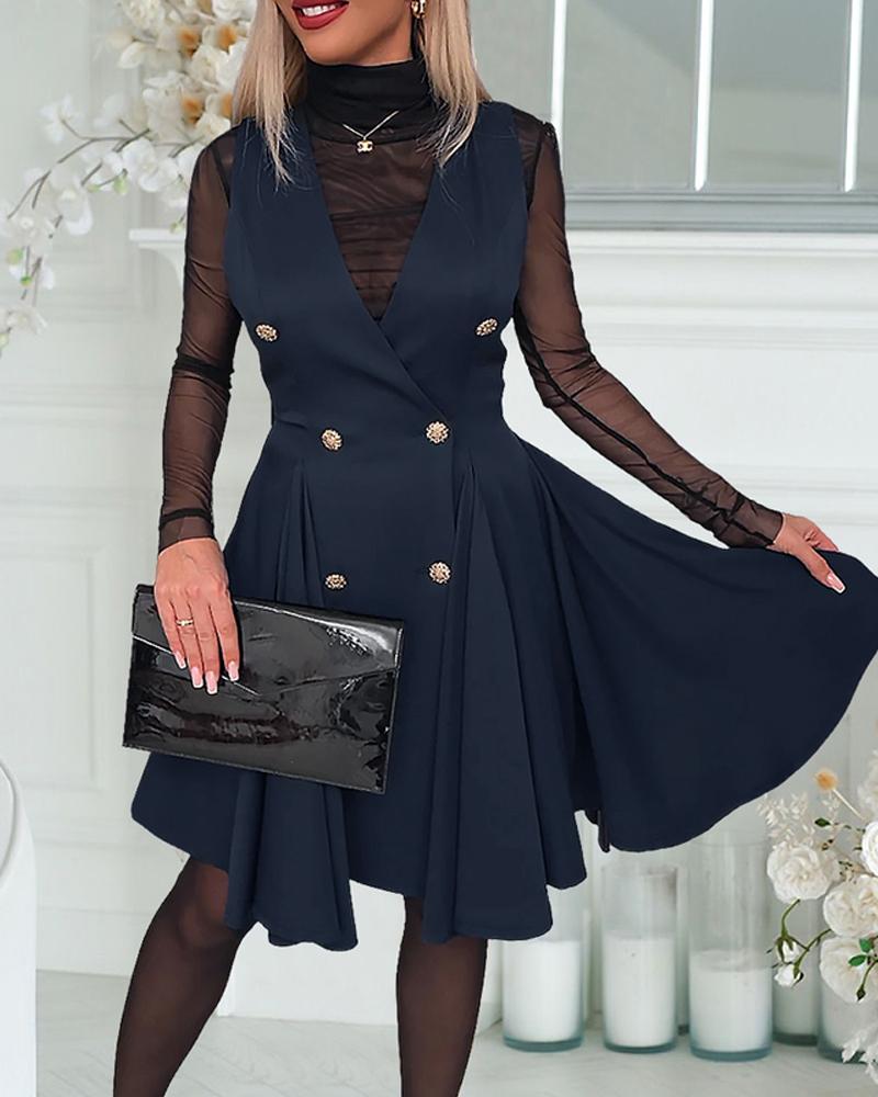 

Vestido midi com decote em V profundo, sem mangas, botões de metal, cruzado, flare, vestido de trabalho, Purplish blue