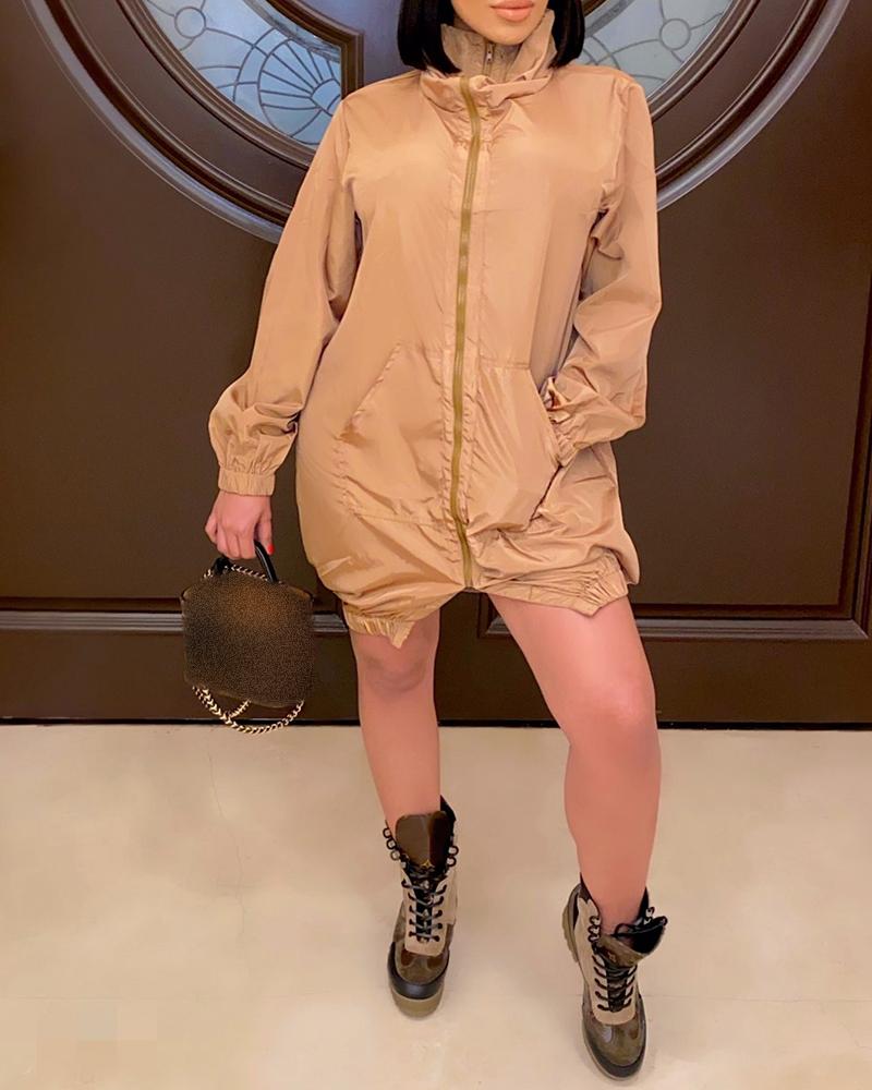 

Plain Zipper Design Long Sleeve Casual Dress, Khaki
