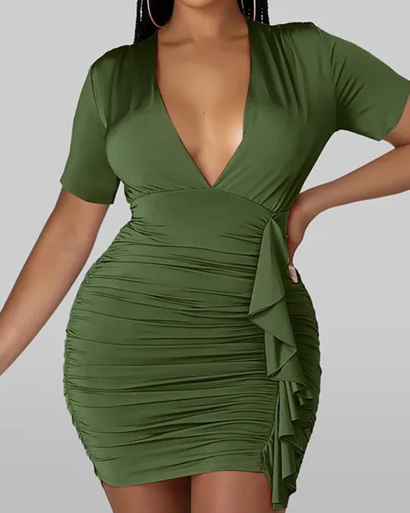 

Plunging Neck Draped Detail Ruched Bodycon Dress, Green