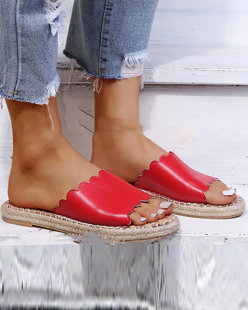 

Round-toe Solid Color Strap Flat Slippers, Red