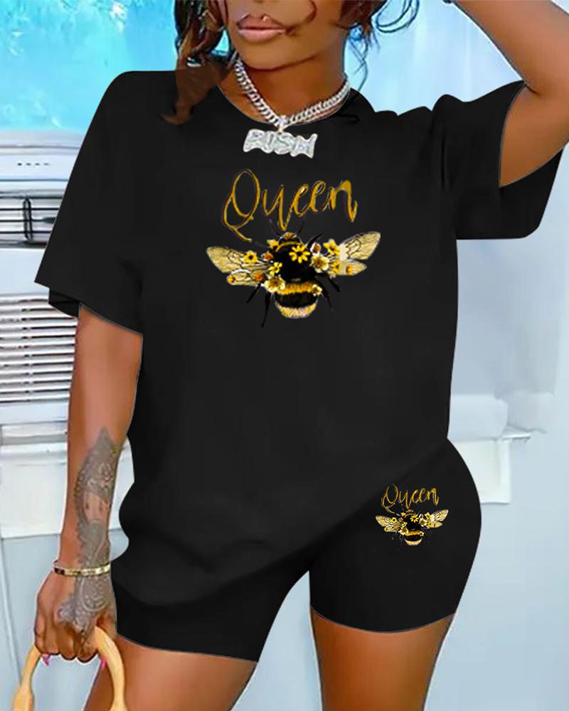 

Plus Size Queen Bee Print Casual Top & Shorts Set, Black