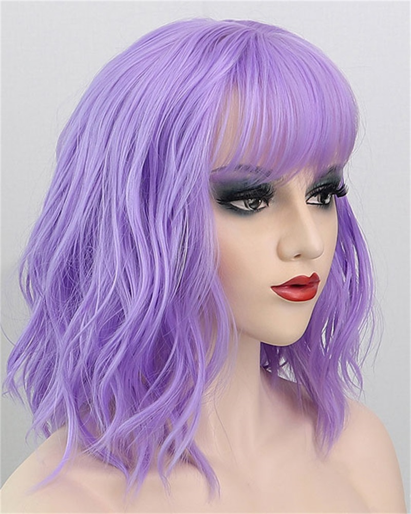 

Short Curly Hair Wig Shoulder Length Natural Looking Synthetic Wavy Bob Wigs With Bangs, Purple