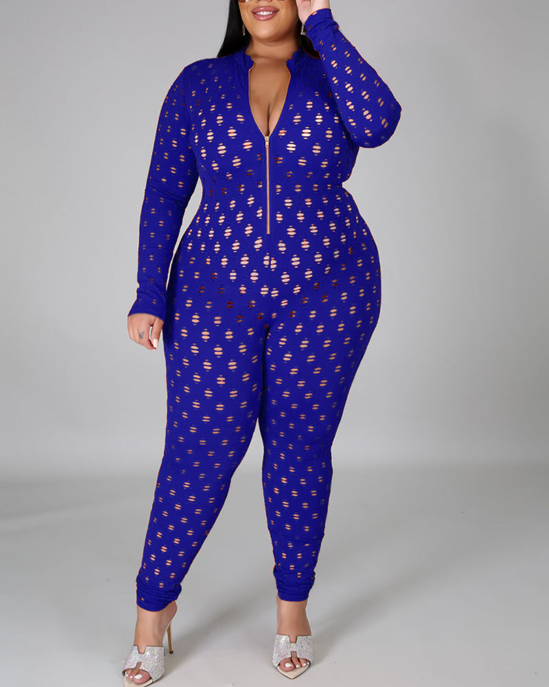 

Plus Size Zip Front Hollow Out Skinny Jumpsuit, Blue