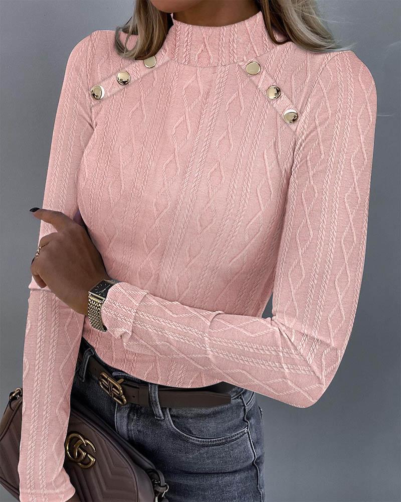 

Cable Textured Buttoned Mock Neck Top, Pink